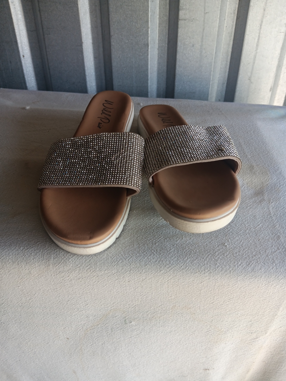 Wild Pair Tan Slide Sandals with Sparkling Rhinestone Strap